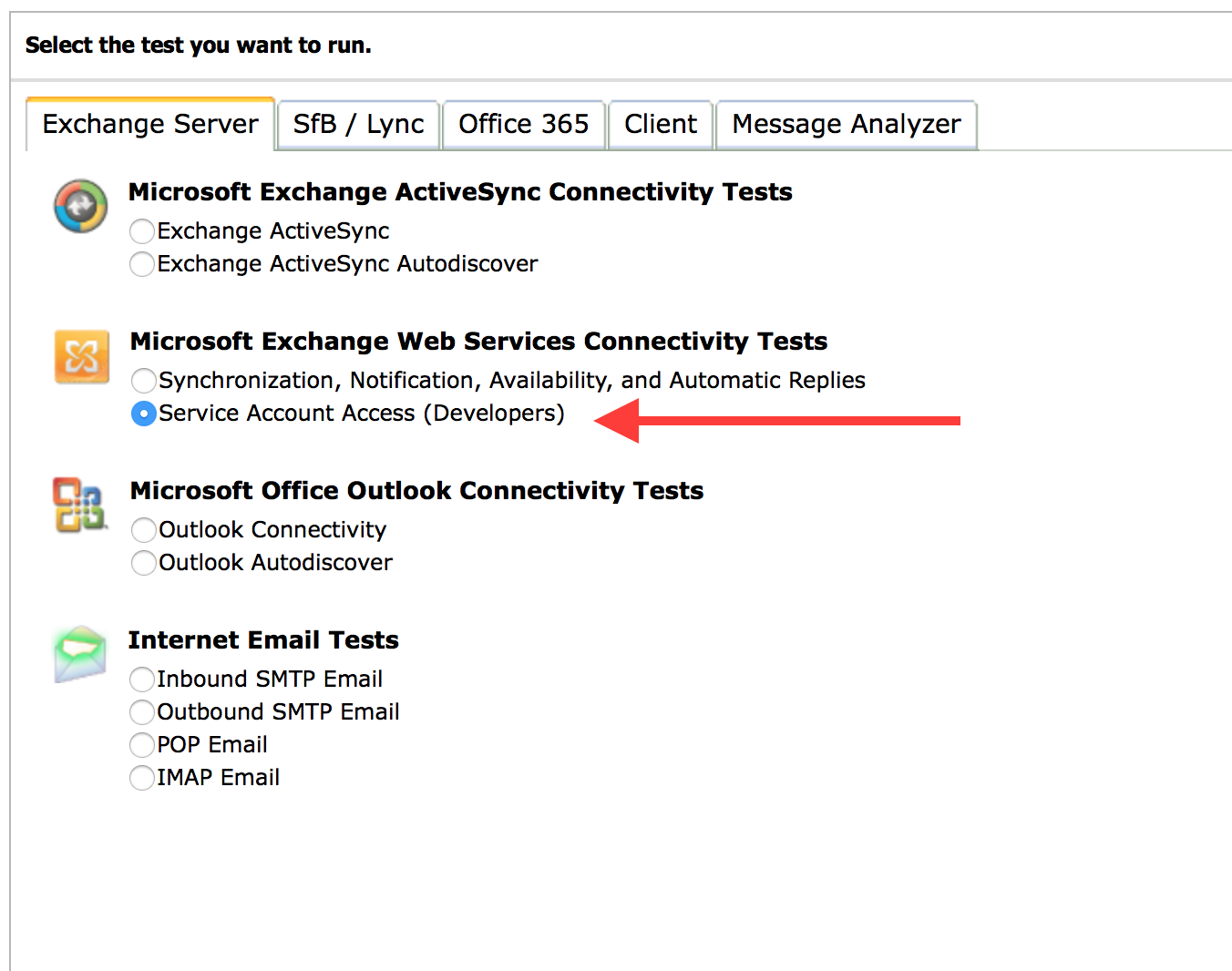 Microsoft Exchange Web Services Connectivity Tests Service Account Access