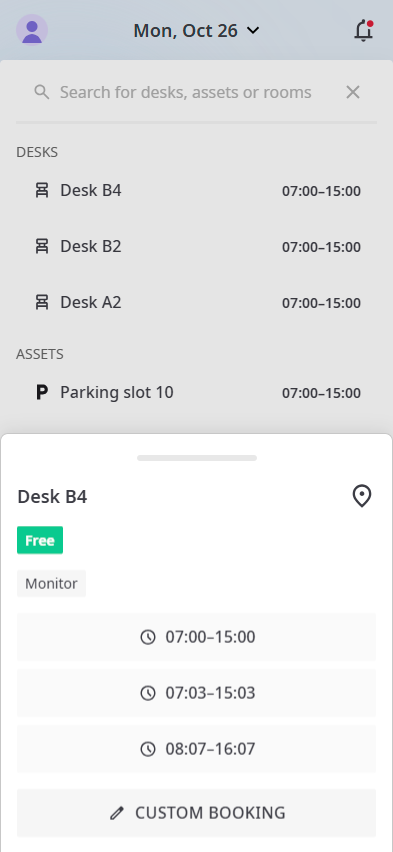 Desk details with suggested time slots and Custom booking button