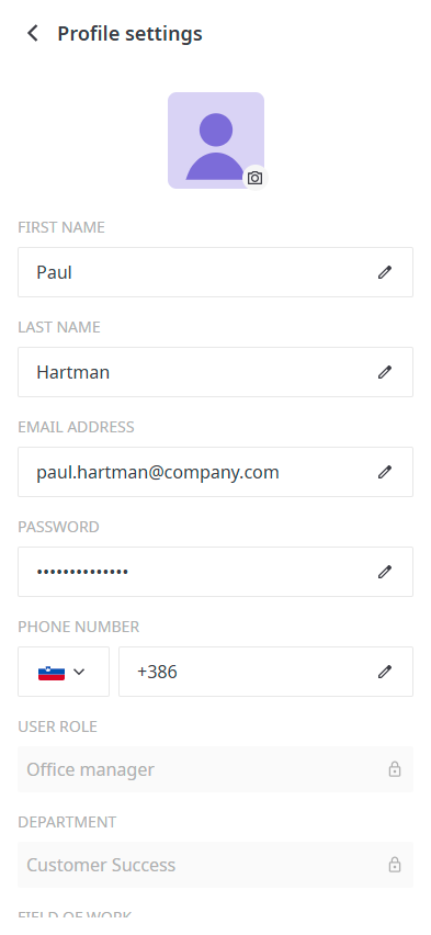 Profile settings screen in the Joan Workplace app