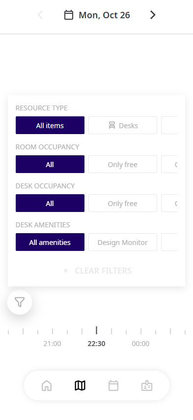 Floor plan filters for resource type, occupancy and desk amenities