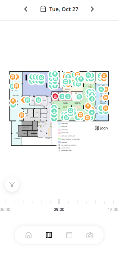 Floor plan for a future day showing free and booked desks