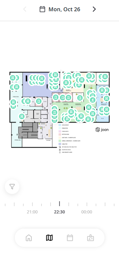 Floor plan tab in the Joan Workplace app with date selector and time slider