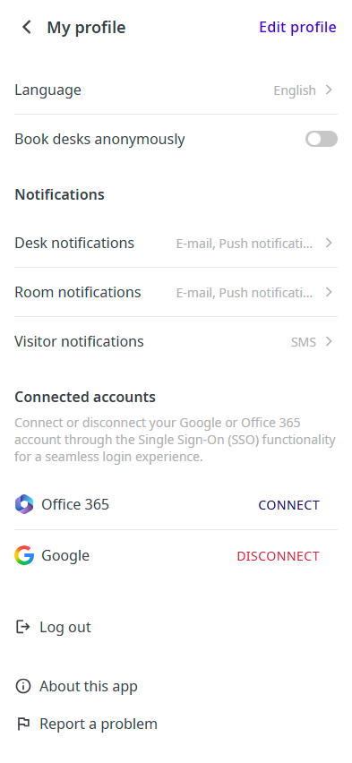 My profile screen: notifications, connected accounts, log out