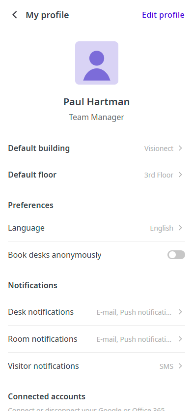 My profile screen: default building, floor, language and anonymous booking