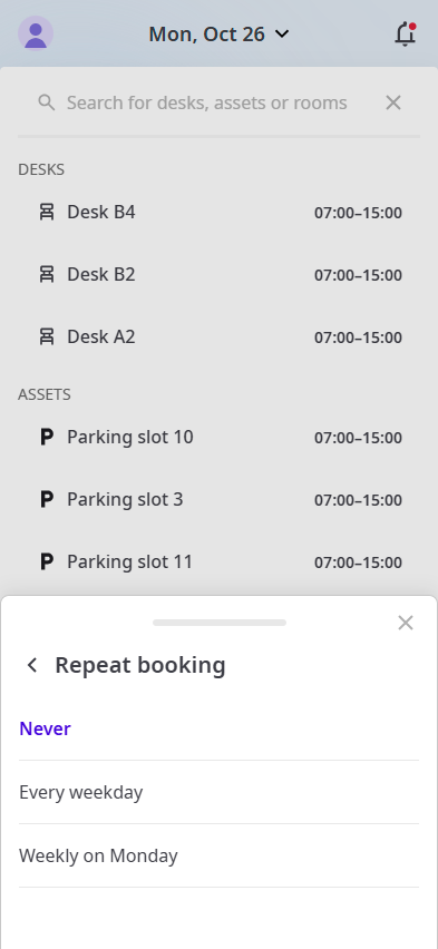 Repeat booking options: Never, Every weekday, Weekly