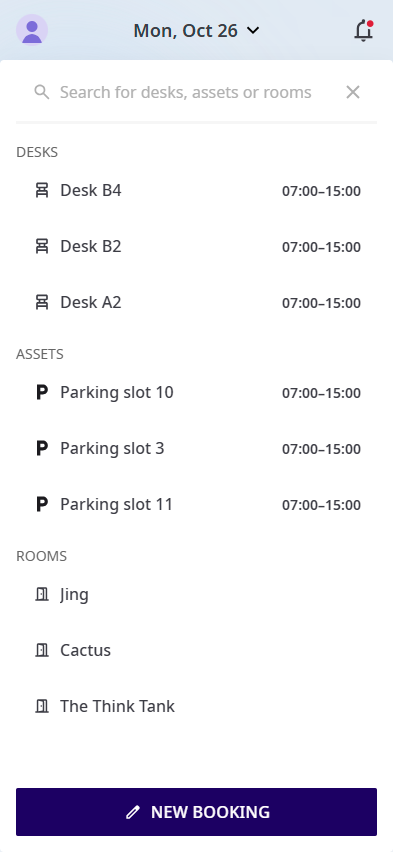 Expanded booking suggestions with search for desks, assets and rooms