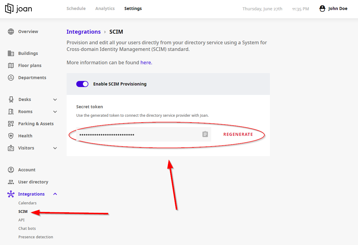 MyJoan Integrations > SCIM with Enable SCIM Provisioning switched on and the secret token