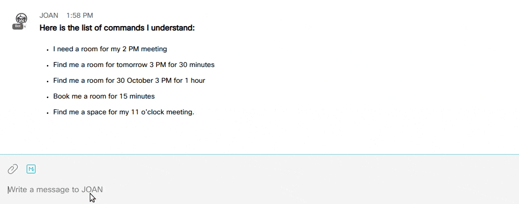 screen shot of booking meeetings with Joan in Cisco Webex Teams