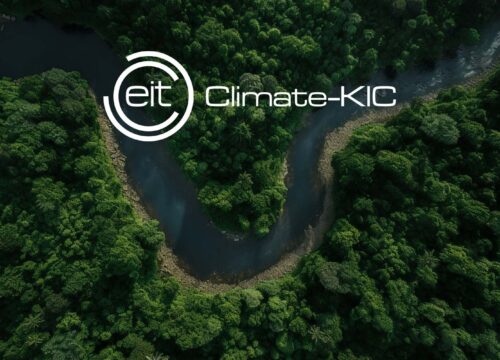 Aerial view of a winding river through dense tropical rainforest with EIT Climate-KIC logo overlaid.