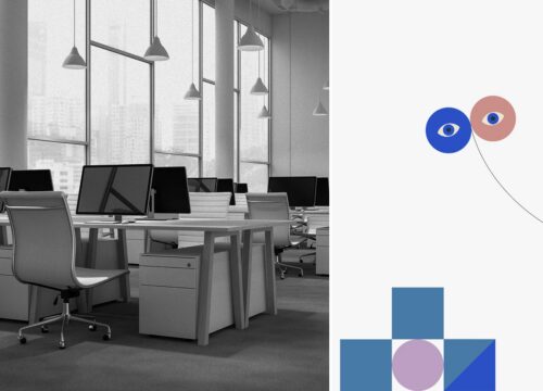 Modern open-plan office with workstations alongside a graphic illustration of eye icons and geometric shapes representing asset booking.