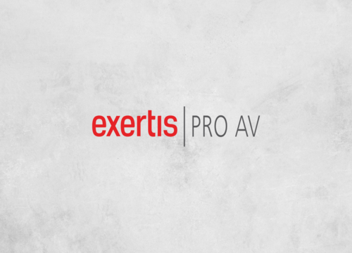 Exertis Pro AV logo in red and gray on a light textured background.
