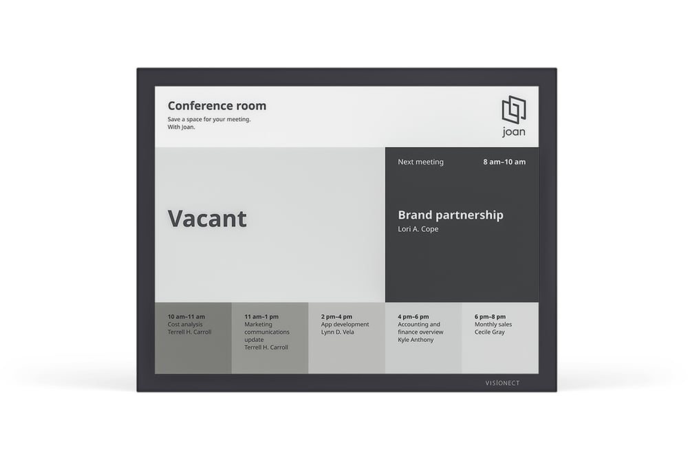 Joan 13 e-ink display showing a vacant conference room schedule with upcoming meeting details.