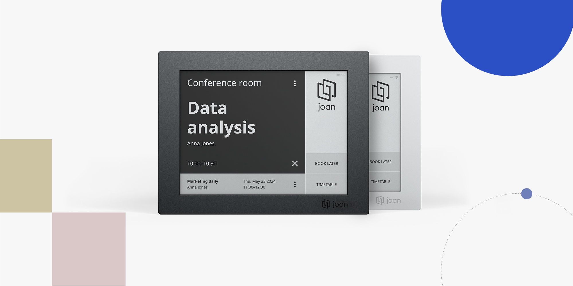Joan 6 e-ink display in dark and light variants showing a conference room booking screen with meeting details.