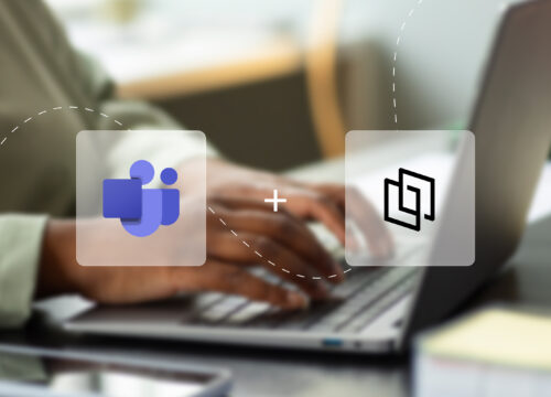 Joan AI Agent and Microsoft Teams integration icons overlaid on a person typing on a laptop.