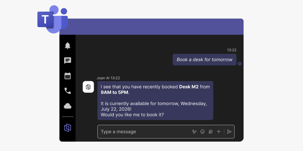 Joan AI Agent in Microsoft Teams chat, suggesting a desk booking for tomorrow based on past preferences.