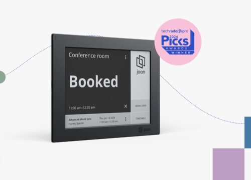 Joan 6 e-ink display showing a booked conference room schedule, recognized as TechRadar Pro 2024 Picks Award Winner.