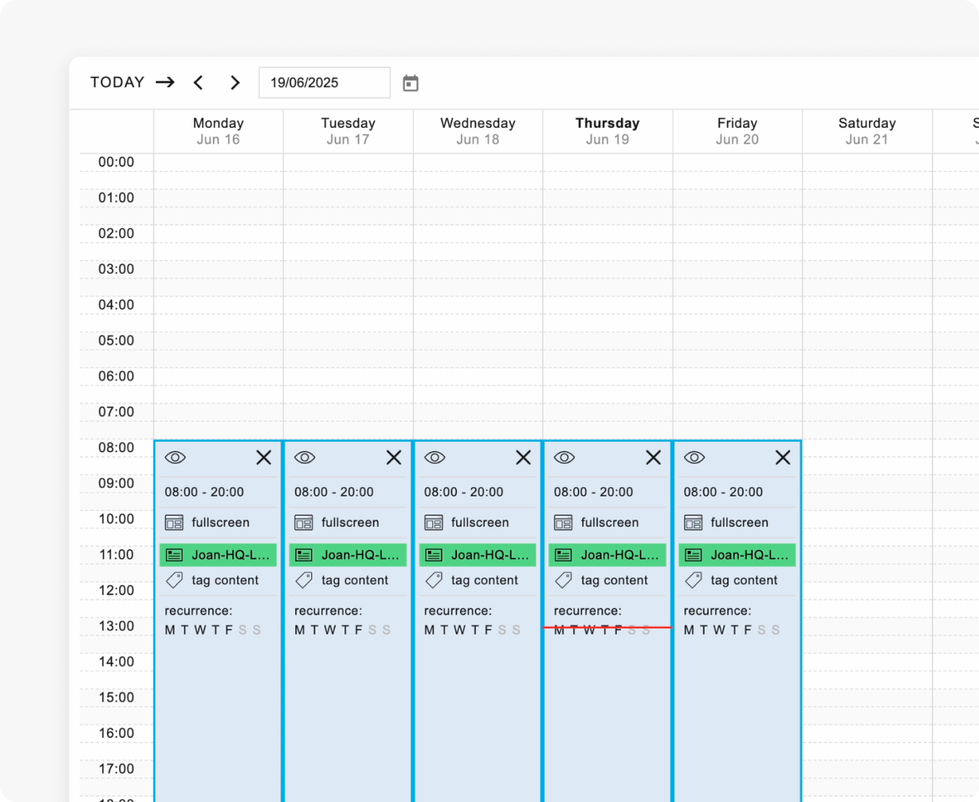 Joan portal calendar view with digital signage content scheduled across a week.