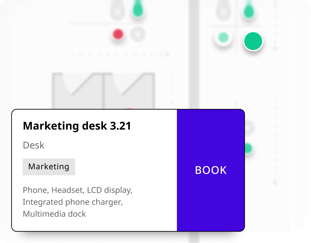 Joan desk booking floor plan with a Marketing desk 3.21 detail card listing amenities and a Book button.