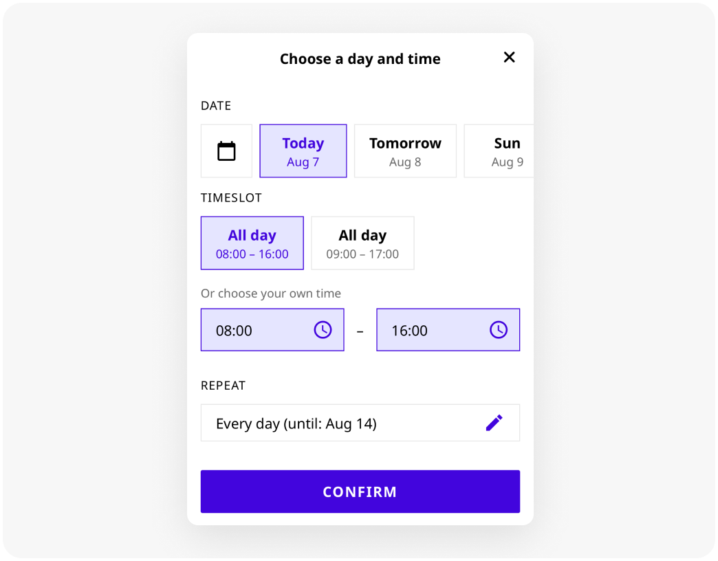 Joan desk booking app dialog for choosing a day, timeslot and repeat pattern before confirming a desk.
