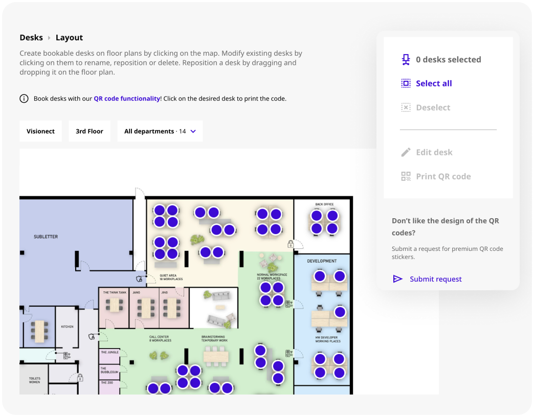 Joan web portal Desks Layout screen with an interactive office floor plan and desk QR code printing options.