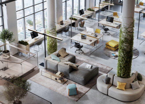 Aerial view of a modern open-plan office with workstations, lounge seating, biophilic columns, and floor-to-ceiling windows.
