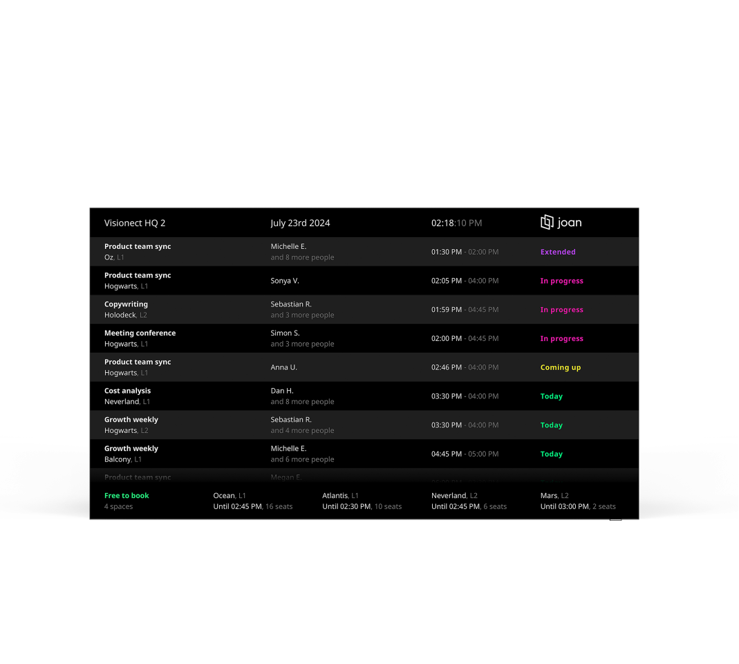 Joan schedule shown on a large LCD display