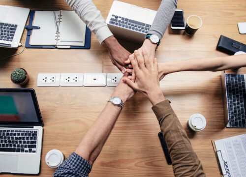 Diverse team of business professionals stacking hands together over a conference table with laptops and coffee cups.