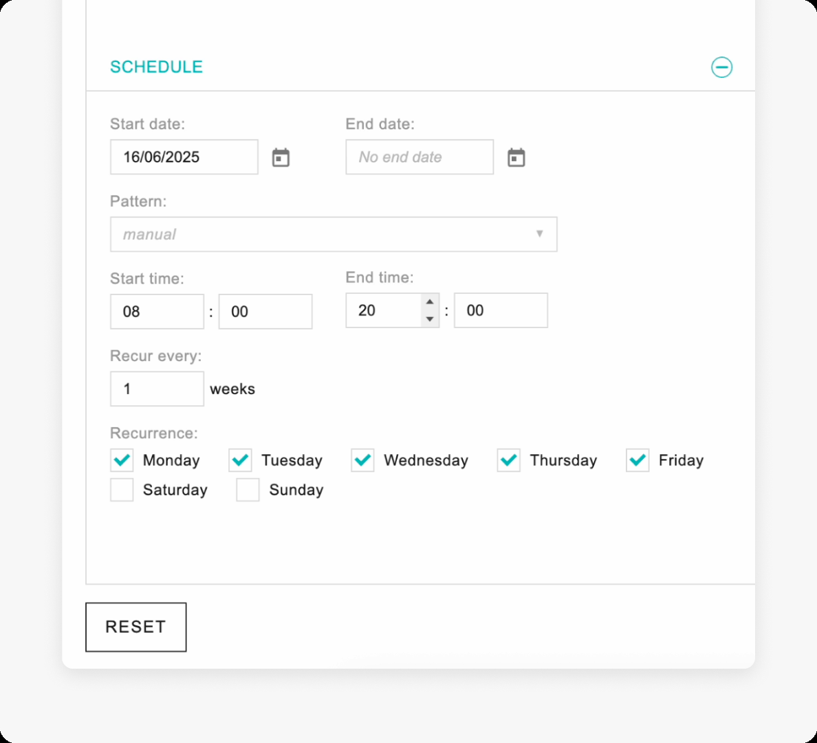 Joan portal schedule panel showing start and end dates, times, recurrence pattern and weekday selection for published content.