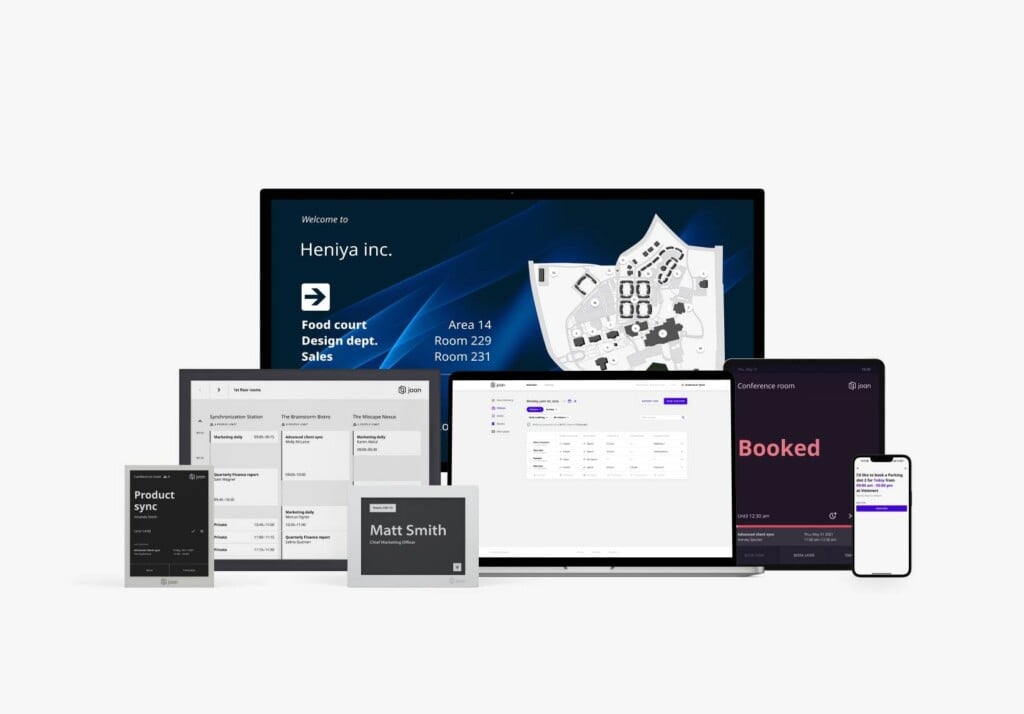 Collection of Joan e-ink displays showing room booking, schedules, and company directory information on a white background.