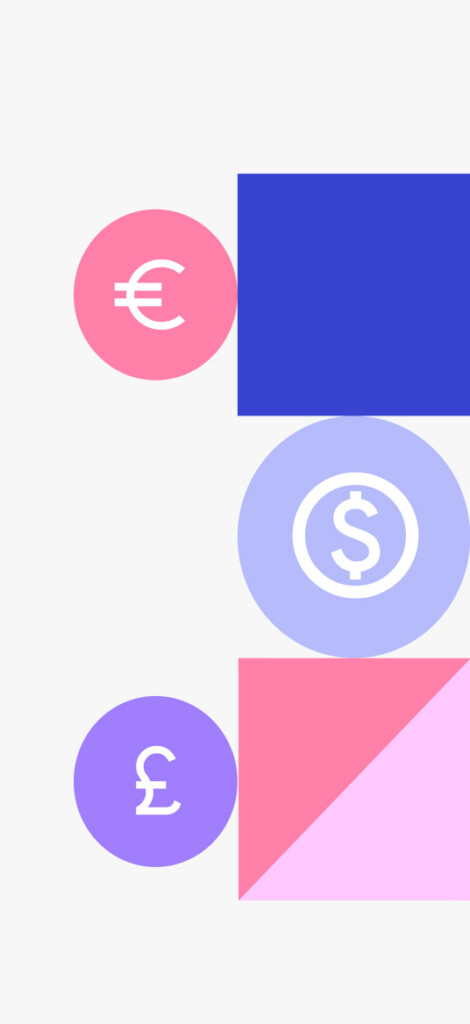 Abstract currency symbols: Euro, Dollar, and Pound with geometric shapes.