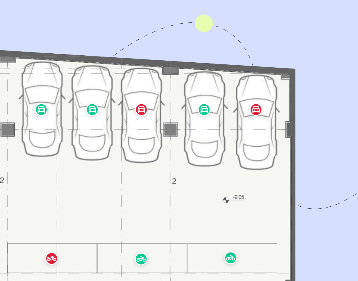 Parking floor plan with green available and red occupied car and motorcycle space indicators.
