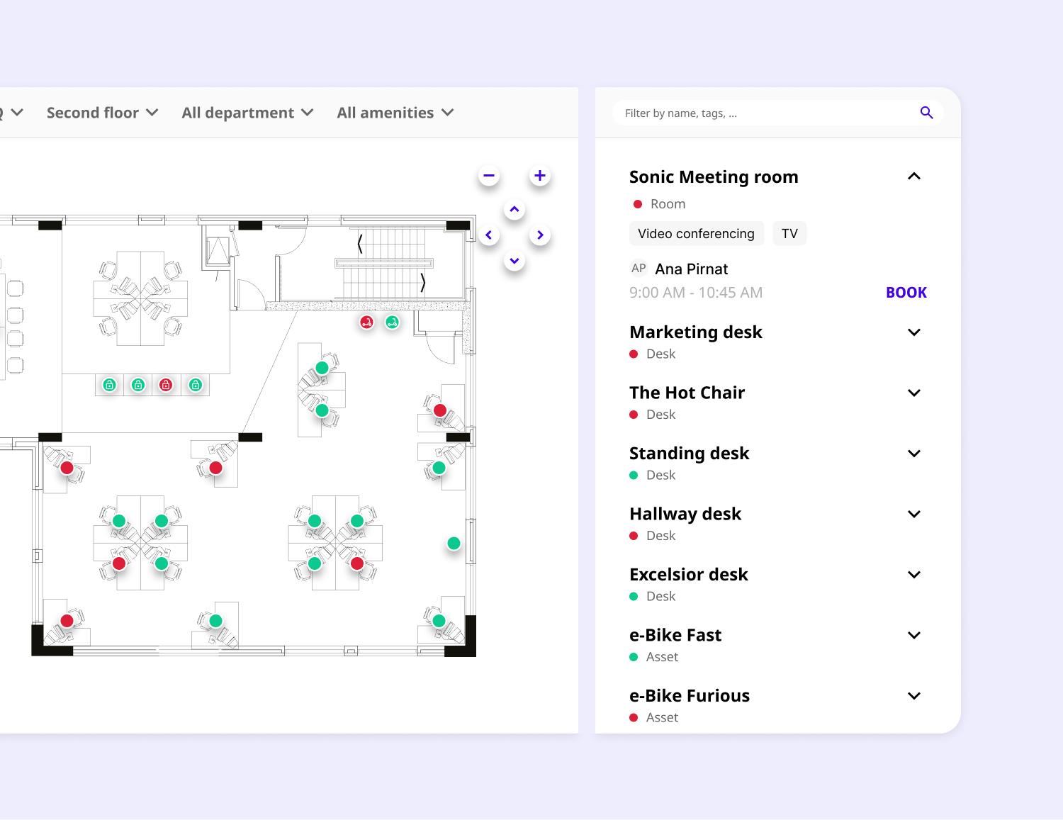 Joan software interface showing office floor plan with bookable rooms, desks, and assets on a sidebar panel.