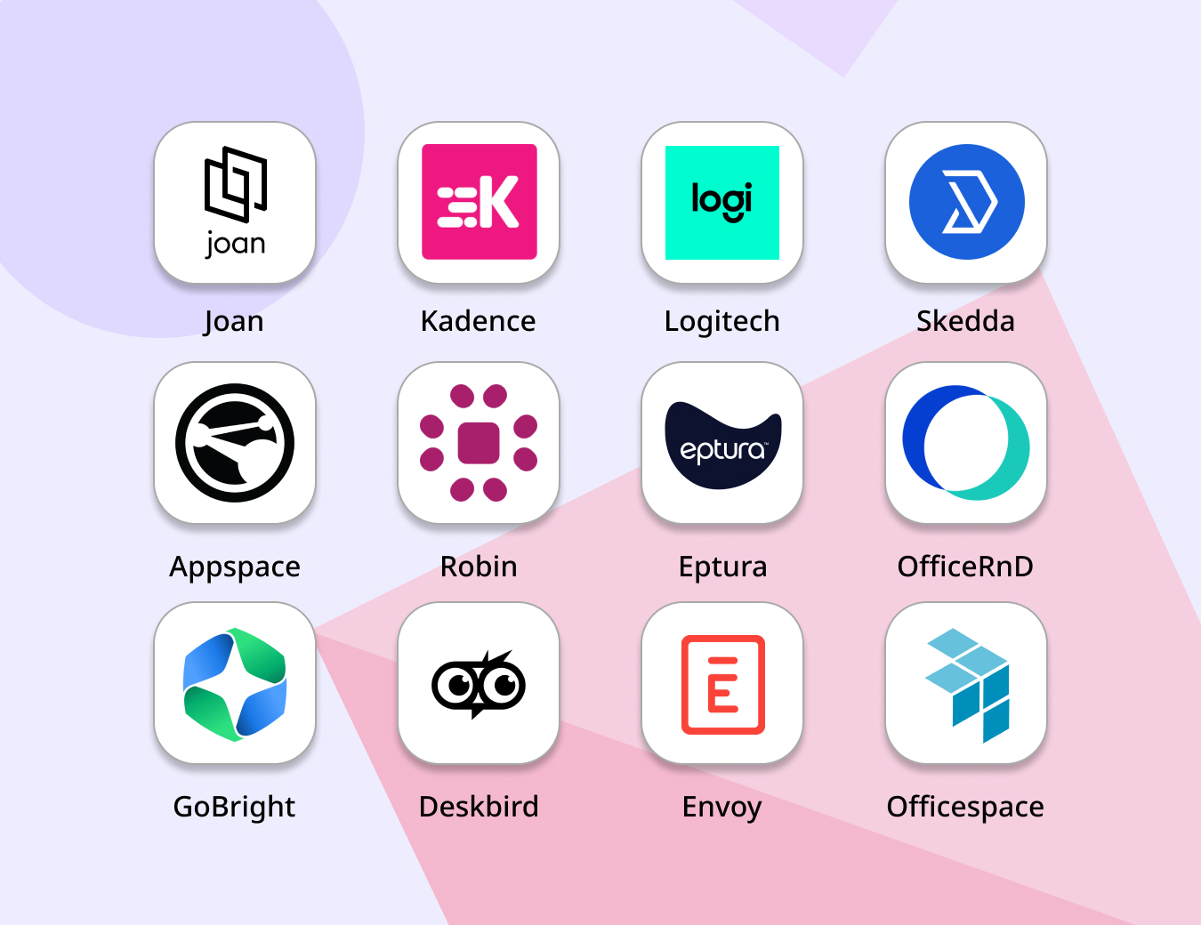 Grid of twelve workplace management software logos including Joan, Kadence, Logitech, Skedda, Robin, and Envoy.