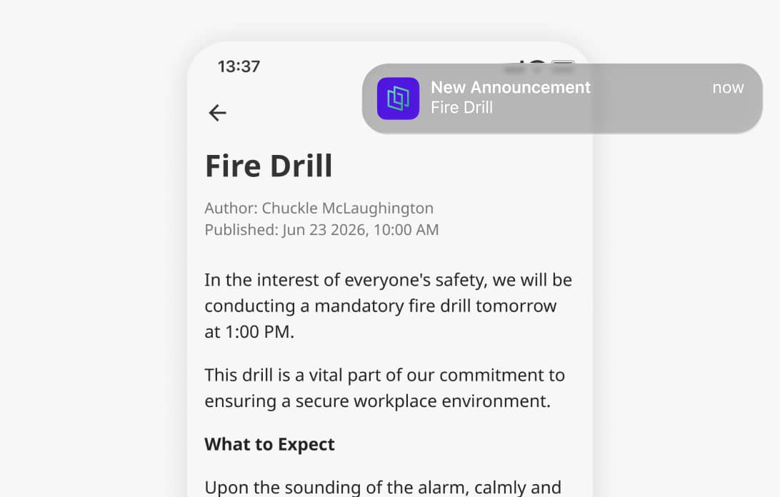 Joan mobile app screen showing a Fire Drill announcement with a real-time push notification overlay.