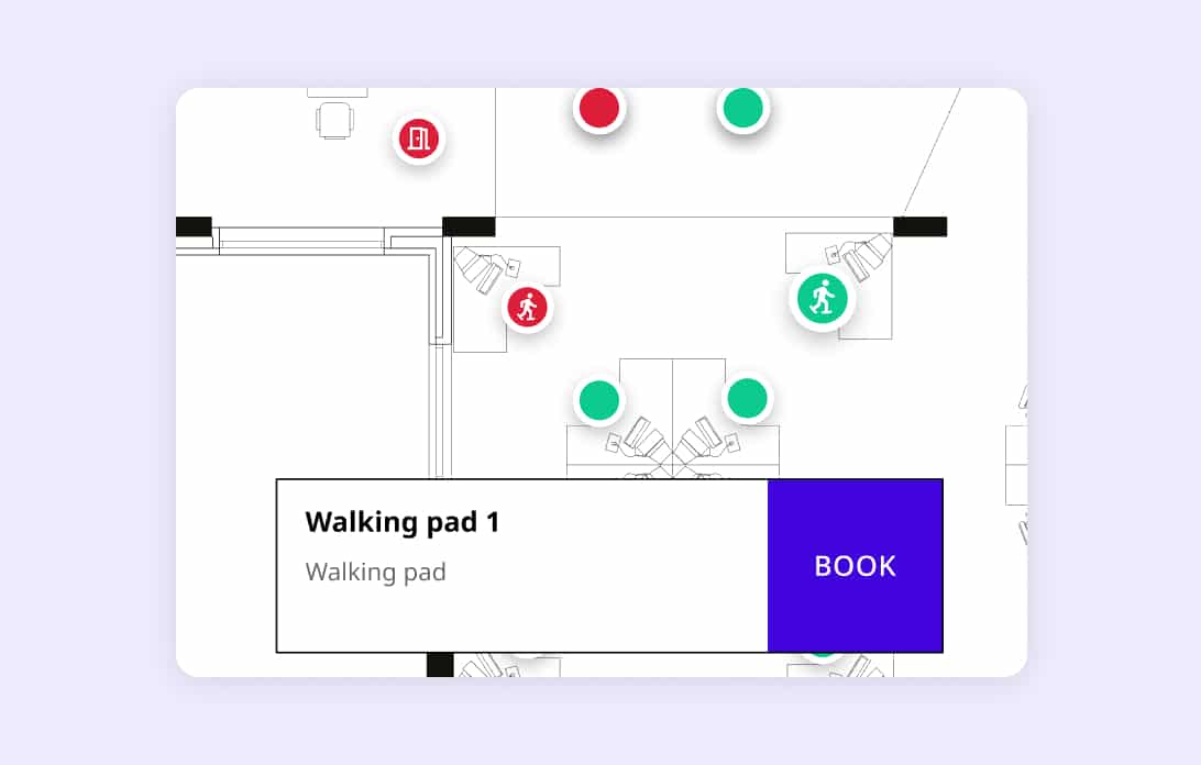Joan mobile app floor plan view showing asset availability with a 'Book' button for Walking pad 1.