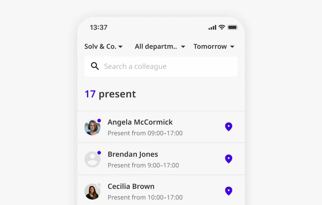Joan mobile app showing 17 colleagues present, with names, hours, and location pins for office presence tracking.