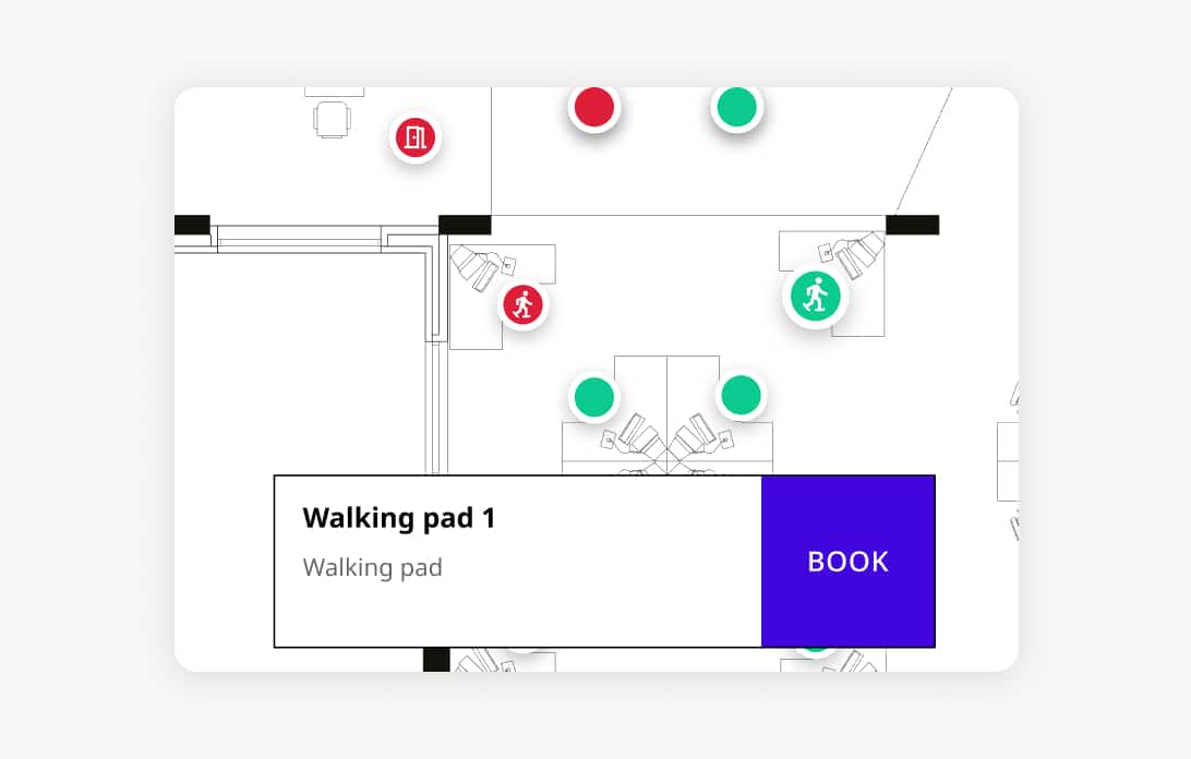 MyJoan floor plan interface showing desk and asset availability with a 'Book' button for Walking pad 1.