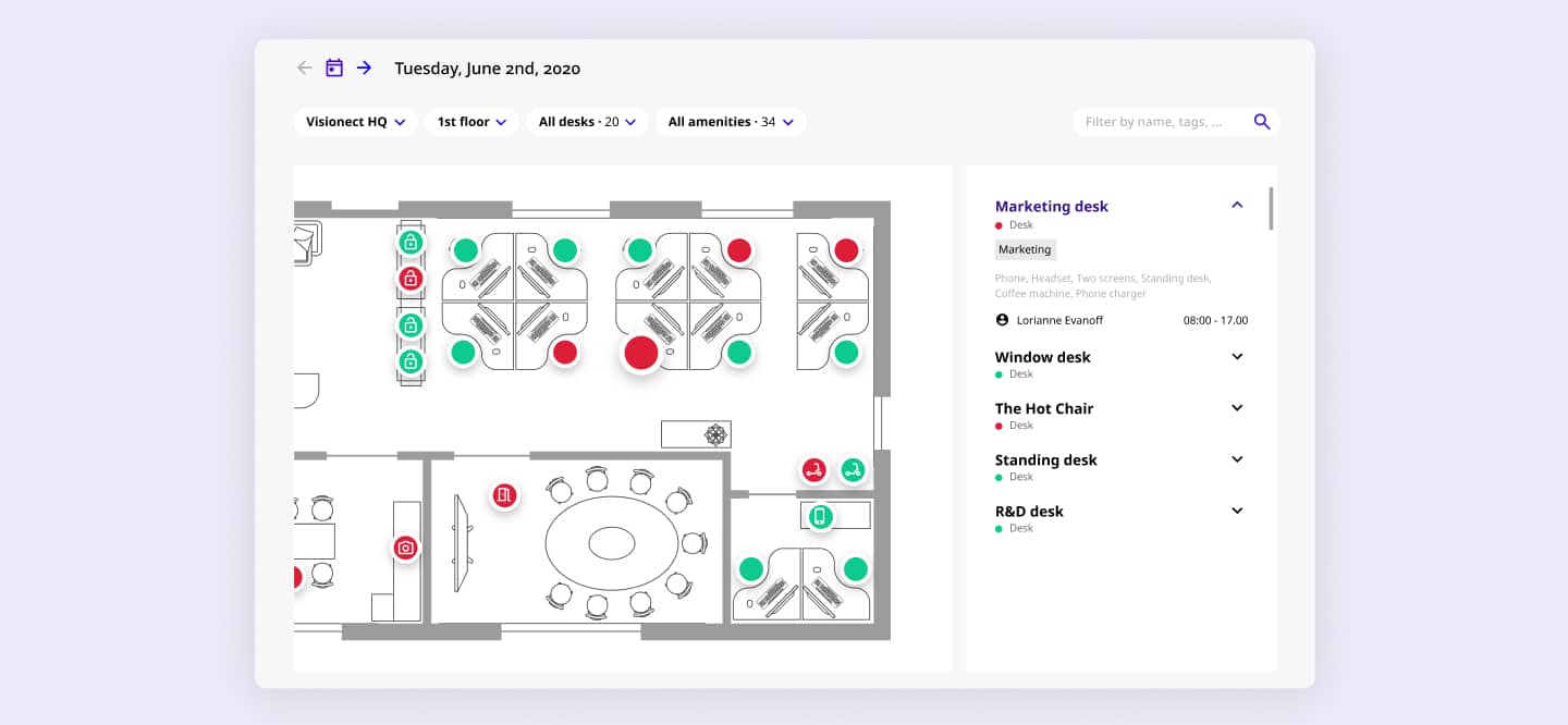 MyJoan platform floor plan view showing desk availability with green and red status indicators and a desk detail sidebar.