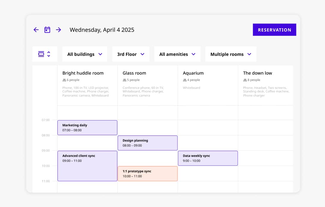 MyJoan meeting room booking dashboard showing daily schedule for four rooms with color-coded reservations on April 4, 2025.
