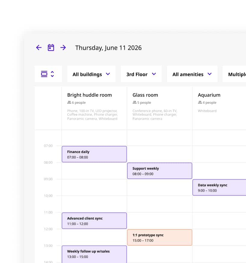 MyJoan schedule view showing multi-room calendar with color-coded meetings across Bright huddle room, Glass room, and Aquarium.