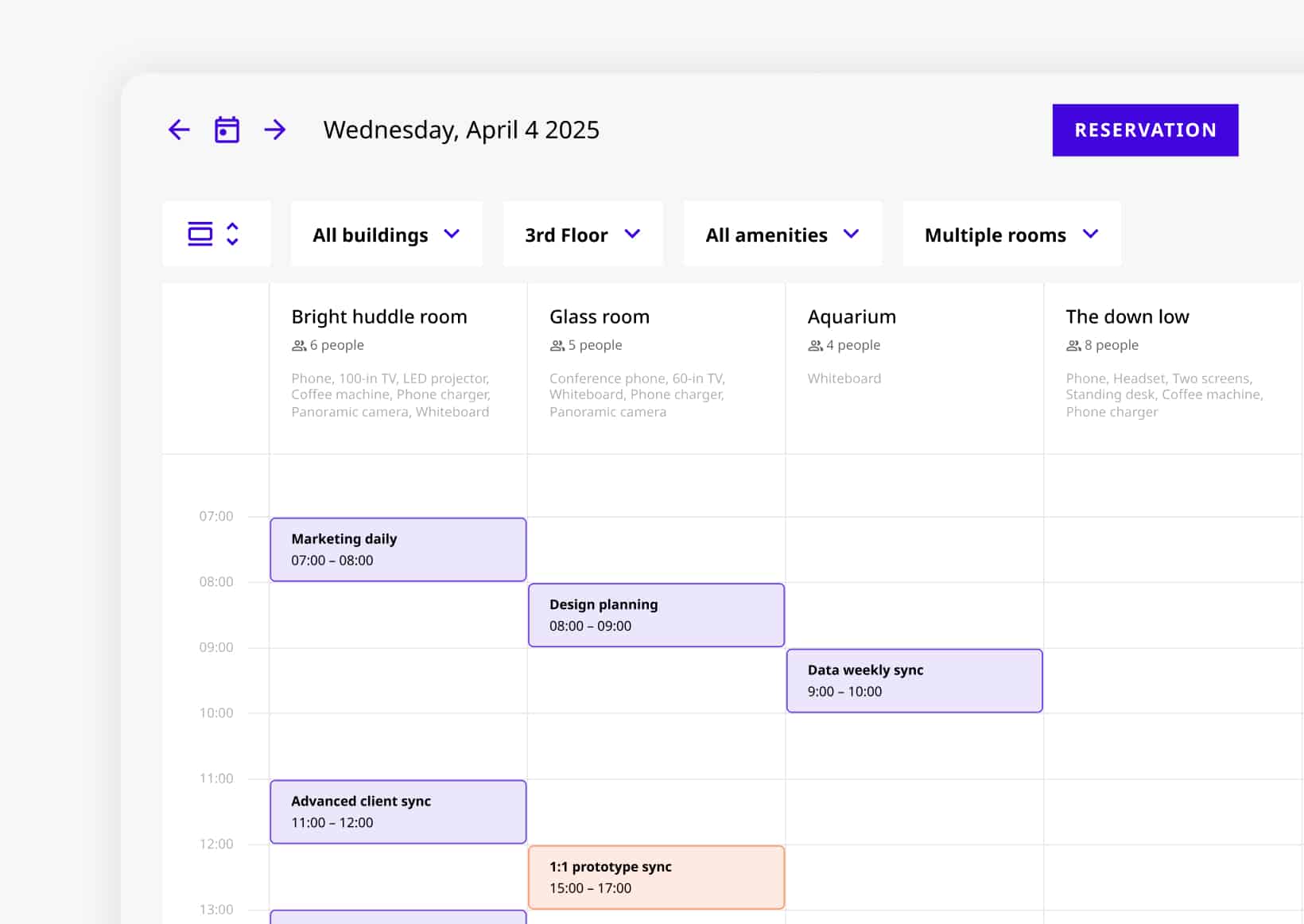 myJoan room booking dashboard showing a multi-room calendar view with meeting schedules for Wednesday, April 4, 2025.