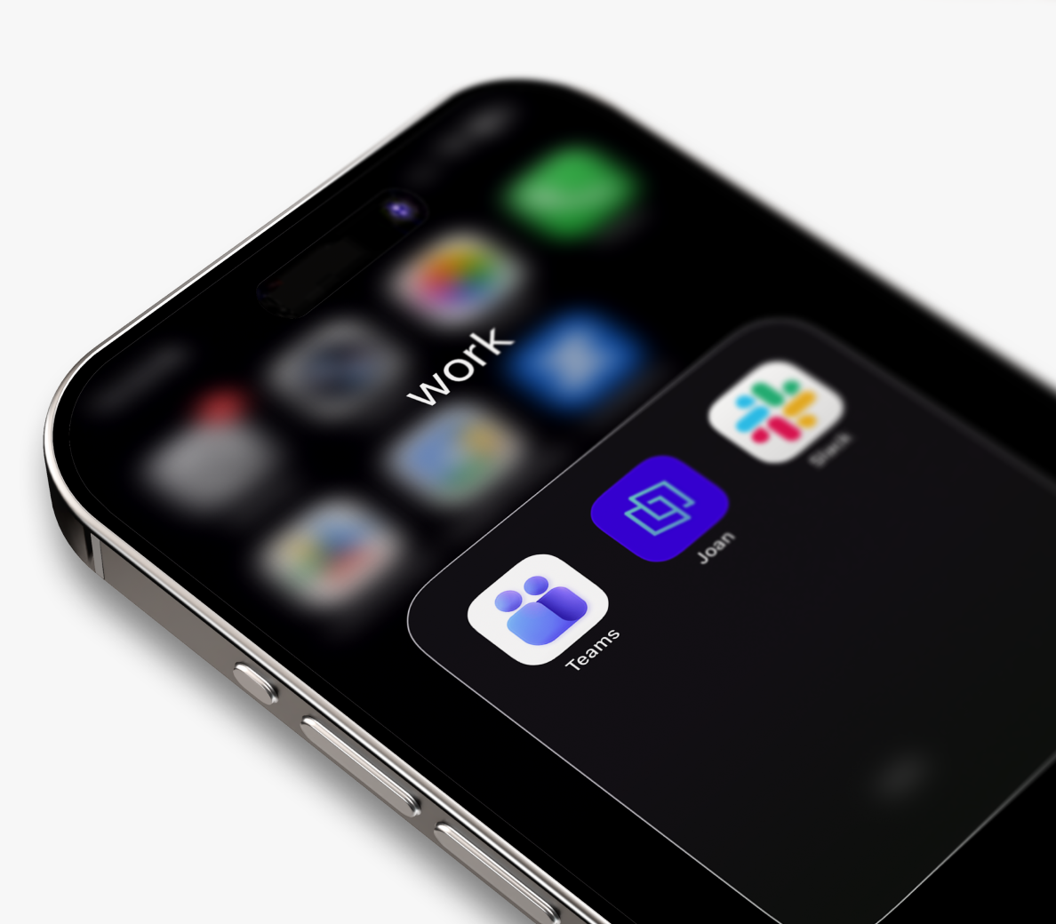 iPhone home screen showing a 'work' folder with Joan, Microsoft Teams, and Slack app icons.