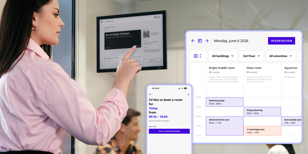 Woman interacting with a Joan e-ink room display, alongside mobile and desktop booking interfaces showing scheduled meetings.