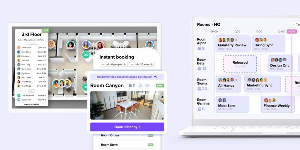 Deskbird workplace software UI showing floor plan, instant room booking, and a room schedule timeline on a laptop.