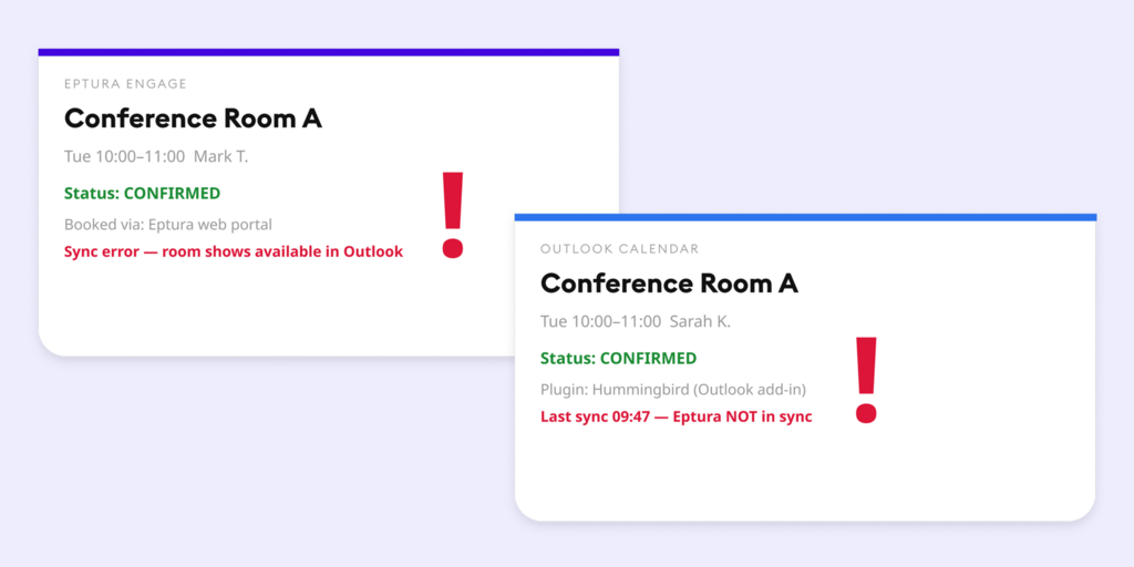 Two UI cards showing Eptura sync errors: Conference Room A confirmed in Eptura but unavailable in Outlook Calendar.