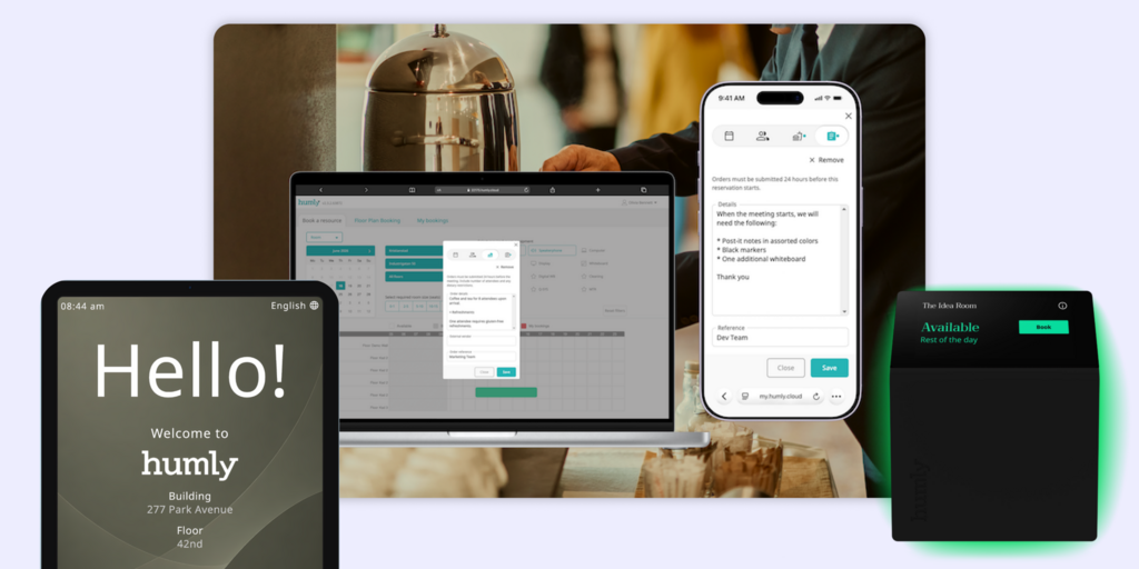 Humly workplace management platform shown across tablet, laptop, smartphone, and room display device.
