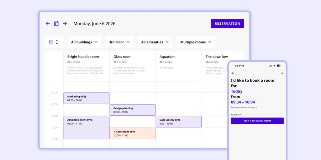 Joan room booking interface showing a multi-room calendar view and a mobile booking assistant for Monday, June 6, 2026.