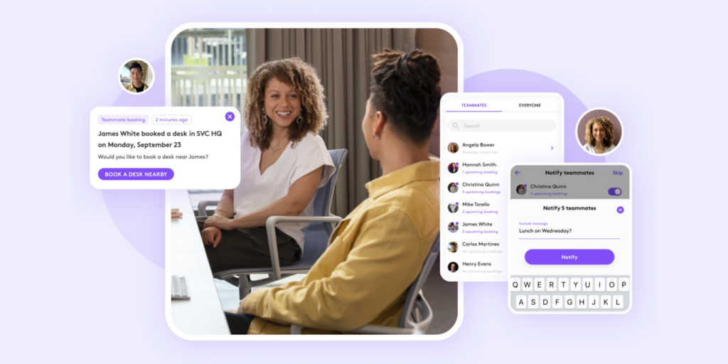 Joan app UI showing desk booking notification and teammate coordination features alongside two colleagues in a modern office.