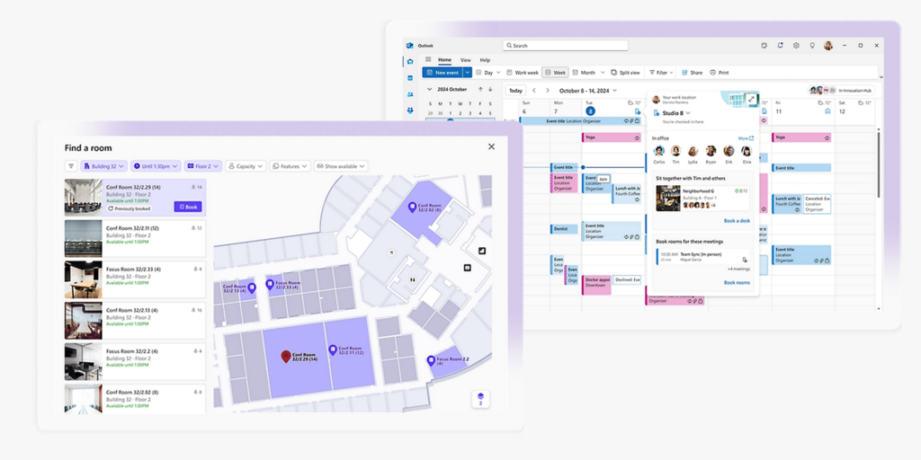 Microsoft Places room booking map and Outlook calendar interface shown in a competitor comparison with Joan.