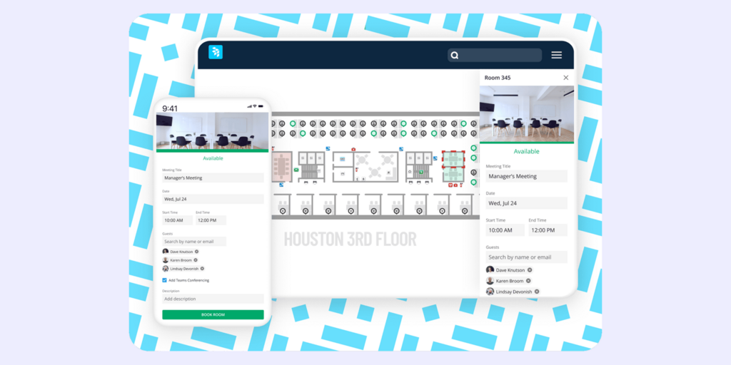 OfficeSpace room booking software shown on mobile and desktop, displaying a floor plan and meeting room scheduling form.